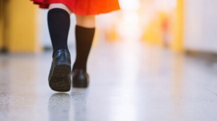 Girl walks down a brightly lit hallway with school uniform and red skirt
