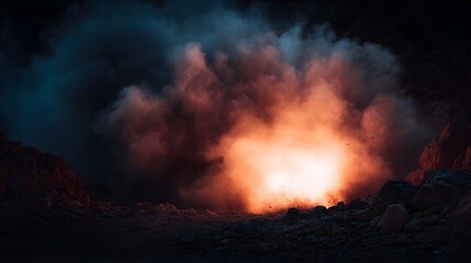 Fototapeta premium Dramatic eruption of glowing orange smoke and dust from a dark rocky landscape