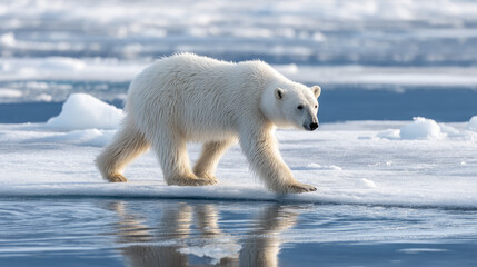 Polar bear walking cautiously across thin sea ice. Life in permafrost conditions, climate change problems on the planet. Global warming