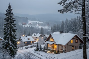 Charming snowcovered village with illuminated houses and evergreen trees on a misty winter evening