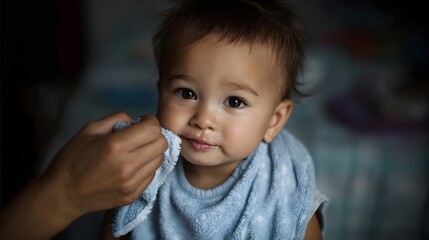 A caregiver s hand gently wipes a toddler s mouth with a cloth after eating