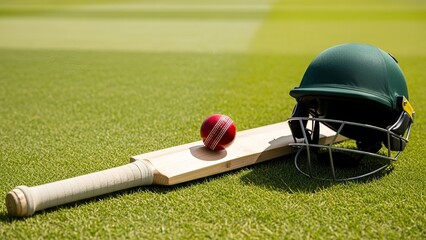 Cricket Bat Ball and Helmet on Well Maintained Green Field