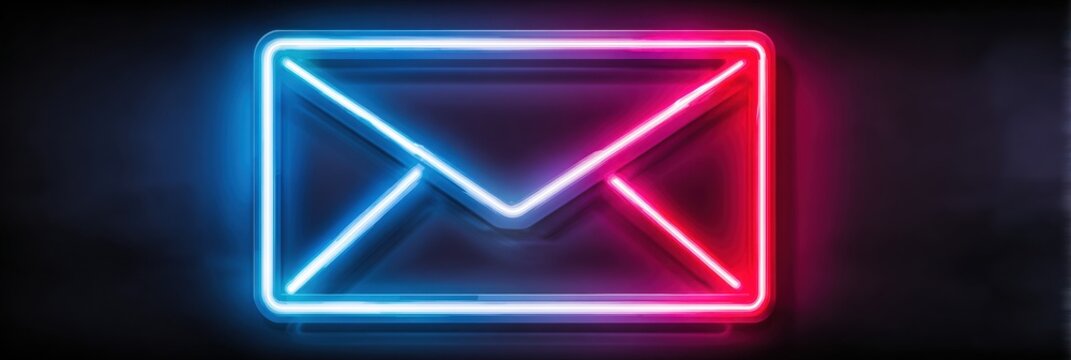 Bright neon sign of an envelope glows in shades of blue and pink, creating a striking contrast against the dark backdrop, enhancing modern decor. - Powered by Adobe