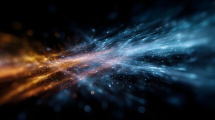 Abstract visualization of colliding luminous energy streams with vibrant orange and cool blue hues merging and swirling against a dark cosmic