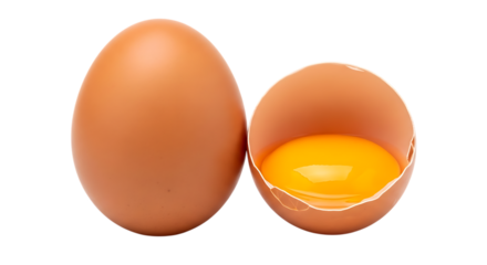 Whole brown egg and cracked egg with yolk isolated on transparent background