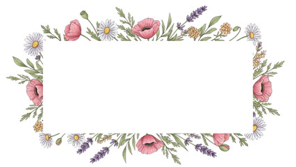 Elegant floral border with daisies and lavender for design and decoration