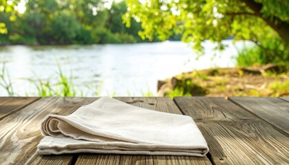 Beige Linen Tablecloth on Rustic Wooden Table by River
