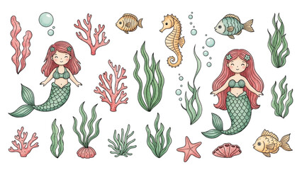 Enchanting underwater world collection with playful mermaids, vibrant coral, and diverse ocean creatures for whimsical design projects