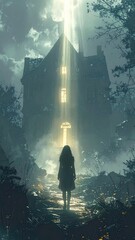 Silhouette of Woman Facing Mysterious House in Foggy Forest