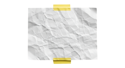 Crumpled white paper taped with yellow tape isolated on transparent background