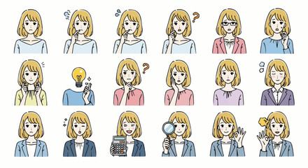 female character, woman illustration, blonde hair, vector set, facial expressions, emotions, poses, gestures, modern design, clean lines, flat style, minimalist, white background, office woman, busine