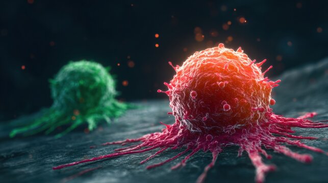 Vivid depiction of cancer cells with distinct colors, showcasing detailed structures and processes in a research environment focused on health and biology.