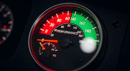 Automotive performance gauge on dashboard with red and green zones, indicating speed and optimal range. Car interior detail.