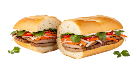 Delicious vietnamese banh mi sandwich cut in half isolated on transparent background