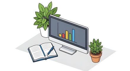Isometric view of a desk with a computer, plants, and a notebook, showcasing a modern workspace.