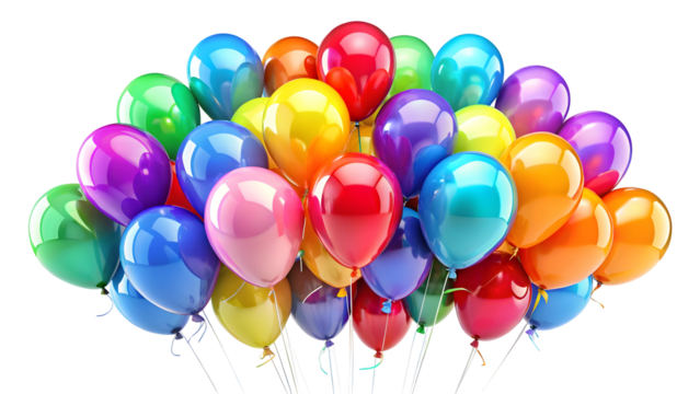 Vibrant bunch of colorful party balloons floating, perfect for birthday celebration, festive event, or special occasion greetings, bring joy and cheerful mood.