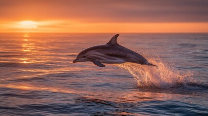 Fototapeta premium A dolphin gracefully jumps above the surface of the ocean during sunrise. The sky glows in warm colors reflecting on the calm waters as the day begins.