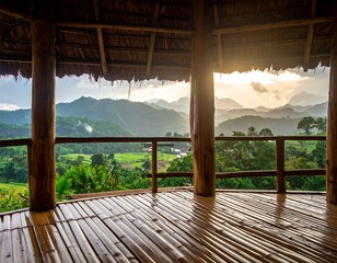 Tranquil bamboo gazebo overlooks verdant valley and mist-shrouded mountain range