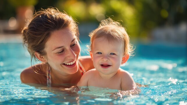 A mother and her baby splash in a bright swimming pool on a sunny day both smiling happily while the water reflects the sunlight and surrounding plants.