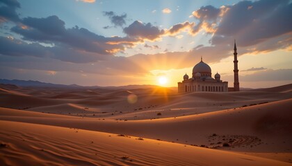a serene desert landscape at sunset