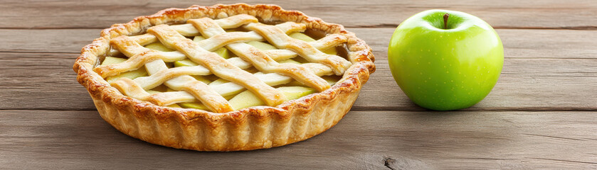 Delicious apple pie with golden lattice crust and fresh green apple on wooden surface, evoking warm and cozy feeling