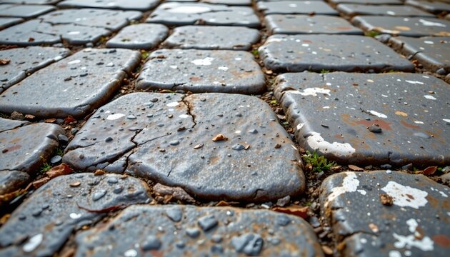 the photo captures a close up view of weathered cobblestones in an urban setting.