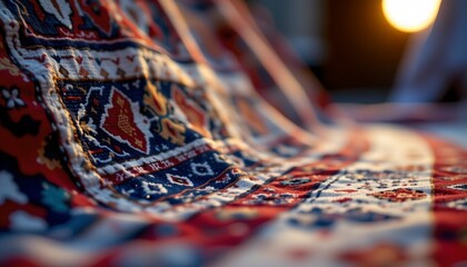 a close up view of a handwoven rug with intricate patterns, showcasing a traditional craft.