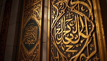 a close up of a gold colored metal panel with arabic script