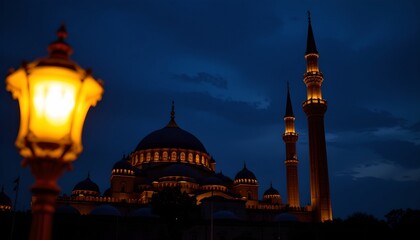 an evening view of the blue mosque and istanbul's historic skyline, illuminated by streetlights and glowing against the backdrop of a darkened sky