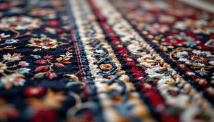 a photograph of an intricately patterned rug with a combination of geometric shapes, floral motifs, and border stripes in warm tones against a neutral background.