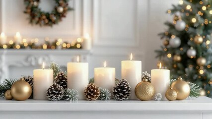 Lit candles and christmas decor on mantel in a bright living room. - Powered by Adobe