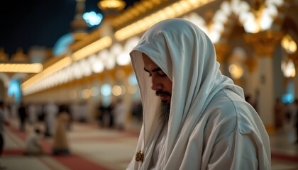 a person in prayer at a mosque during nighttime