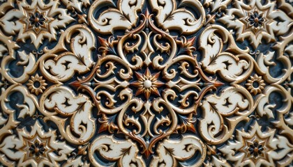 an intricately designed decorative tile panel, showcasing elaborate patterns and floral motifs against a contrasting dark background