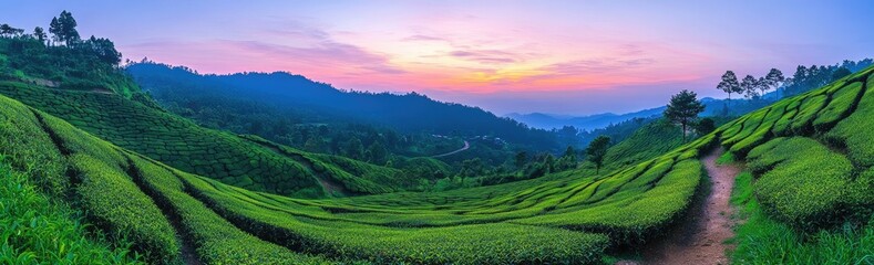 Fototapeta premium Lush tea plantations on a hillside at sunrise.
