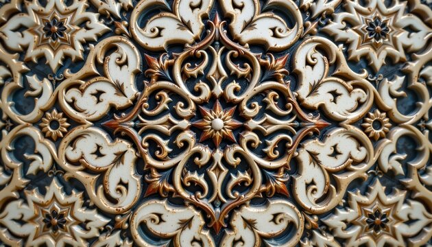 an intricately designed decorative tile panel, showcasing elaborate patterns and floral motifs against a contrasting dark background