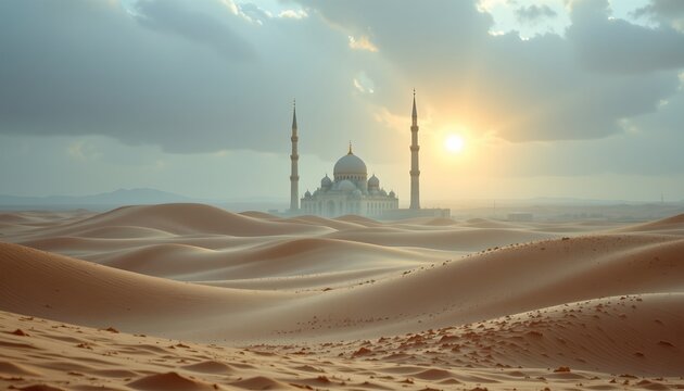 a serene desert landscape with sand dunes. in the distance, there is a prominent minaret towering over the horizon, identifying it as part of a mosque complex