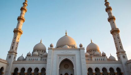 an expansive view of a grand mosque complex at sunset. the mosques are white with intricate designs and feature multiple domes