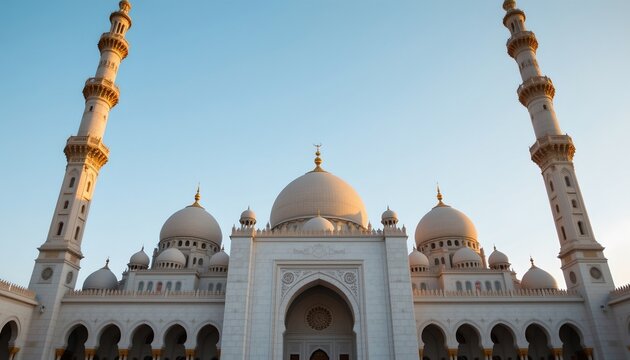 an expansive view of a grand mosque complex at sunset. the mosques are white with intricate designs and feature multiple domes