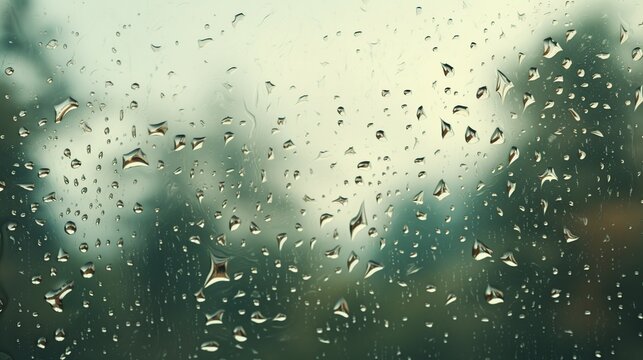 Macro view of raindrops clinging to a window pane, blurring the green and gray background outside