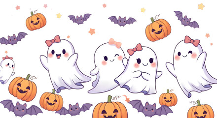 Fototapeta premium Spooky Halloween Celebration: A cute illustration of friendly ghosts, bats, and pumpkins celebrating Halloween, capturing the playful spirit of the holiday.