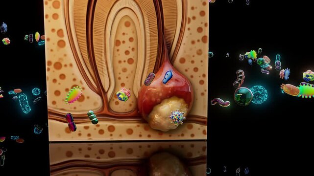 Conceptual 3D animation of a dental abscess and bacteria