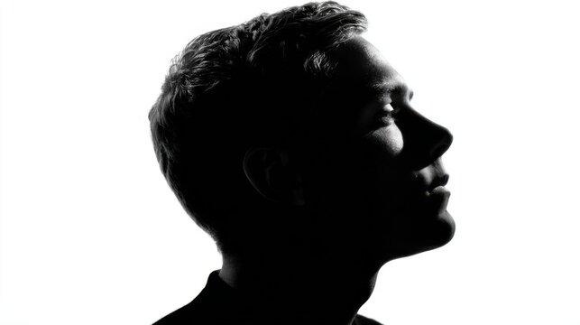 A young man is captured in profile silhouette his features gently highlighted by a bright background. The scene conveys a sense of tranquility and grace.