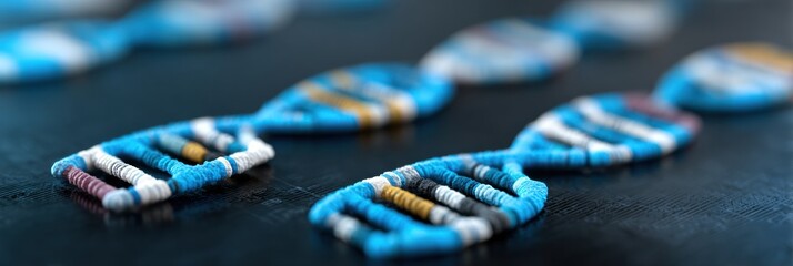 Colorful beads arranged in the shape of DNA strands on a dark background showcase a creative representation of genetic structures and scientific study.