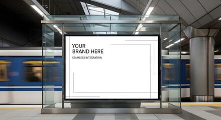 Blank advertising billboard mockup for brand promotion in a public transit station.