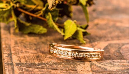 Rose Gold Diamond Ring on Wooden Surface