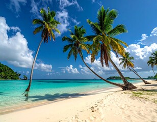 Tropical beach scene with palm trees, turquoise water, and white sand