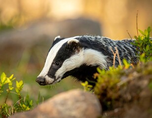 Close-up of a badger in natural habitat, showing black and white fur, set against blurred foliage and stone. Golden hour light