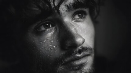Fototapeta premium Black and white close up portrait of a man s face showing sweat droplets and intense thoughtful eyes looking upwards