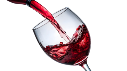 Exquisite red wine pours into a crystal glass, creating a vibrant splash, perfect for upscale dining, wine tasting events, or sophisticated celebrations