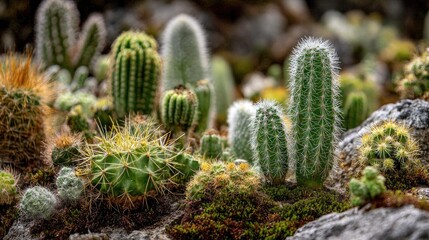 Variety of cacti in a garden setting.
